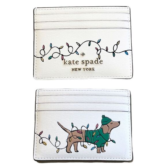 Kate Spade Small Slim Claude Dachshund Christmas Lights Card Case Wallet Cream - Picture 6 of 6